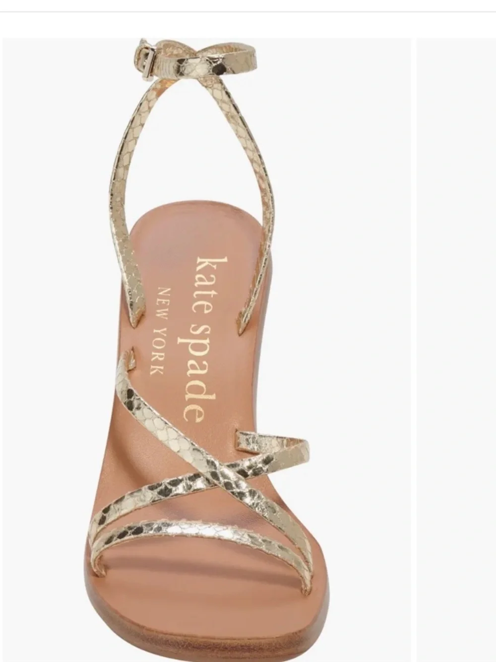 Kate Spade New York Charmer Metallic Gold Sandal with Sculpted Wood Heel 6.5